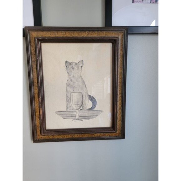 Vintage CAT Picture Drawing Pencil Sketch Wood Framing J. Camillo Artist Signed - Picture 3 of 5